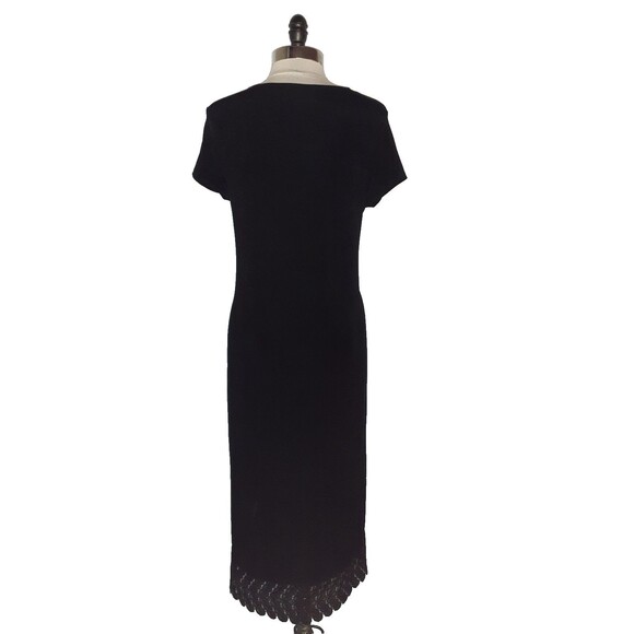 CHICO'S Sz 2 12 14 L Dress Black Short Sleeve Lace Hem Midi Stretch Slinky Knit - Picture 3 of 4